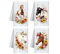 CUTHOLLOW Horses and Flowers Decorative Kitchen Towels Set of 4, 60x40cm Soft Absorbent Microfiber Dish Towel for Tea Coffee Bar Home, Best Gift for Mother's Day Housewarming Christmas Birthday