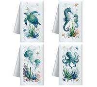 CUTHOLLOW Marine Animals Tea Towels Set of 4, 60x40cm Soft & Absorbent Microfiber Summer Dish Towel for Kitchen Tea Coffee Bar,Best Gift for Mother's Day Housewarming Birthday
