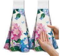 CUTHOLLOW Pink and Blue Hydrangea Hanging Kitchen Towels with Loop, Set of 2 - Soft & Super Absorbent Microfiber Decorative Hanging Dish & Hand Towel, Tea Coffee Towel for Kitchen Bathroom Oven Handle