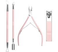 Cuticle Trimmer with Cuticle Pusher and Nail Clipper - 4 PCS Cuticle Cutter Nipper Remover Pedicure Manicure Tools, Professional Stainless Steel Dead Skin Clipper for Fingernails Toenails Pink
