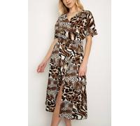 Cutie London Brown Black V Neck Animal Print Midi Dress Brown 10
