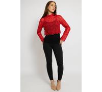 Cutie London Luxe Lace Mock Neck Blouse In Red Red M/L