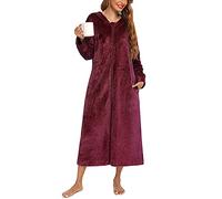 CUTIECLUB Women Hooded Long Flannel Robe Soft Gown Pyjamas Warm Fleece Nightwear PJS Plush Dressing Loungewear with Zip Wine Red M