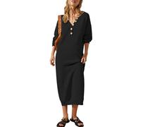 Cutiefox Women's Fall Winter Sweater Long Dress Button V Neck Batwing Long Sleeve Oversized Waffle Knit Dresses, Black, L