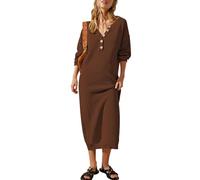 Cutiefox Women's Fall Winter Sweater Long Dress Button V Neck Batwing Long Sleeve Oversized Waffle Knit Dresses, Coffee, L