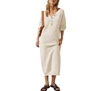 Cutiefox Women's Fall Winter Sweater Long Dress Button V Neck Batwing Long Sleeve Oversized Waffle Knit Dresses, Beige White, L