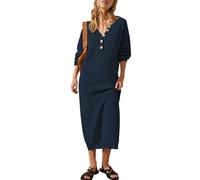 Cutiefox Women's Fall Winter Sweater Long Dress Button V Neck Batwing Long Sleeve Oversized Waffle Knit Dresses, Navy Blue, L