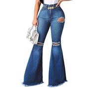 CutieLove Women's Ripped Jeans Bell Bottom Jeans High Waisted Hem Destroyed Denim Pants - Blue - XXL