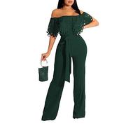 CutieLove Women's Sexy Off Shoulder Solid Jumpsuits Casual Wide Leg Long Pants One Piece Jumpsuits with Belt, A-dark Green, XXL