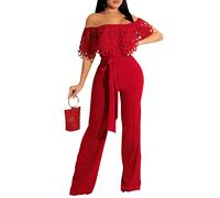 CutieLove Women's Sexy V Neck One Piece Jumpsuits Floral Print Long Sleeve Casual Wide Leg Long Pants Jumpsuits with Belt, A-red, Large