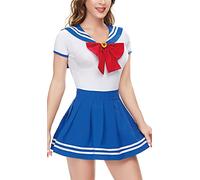 CutiePlusU Women Short Sleeve Bodysuit Pleated Skirt 2-Piece Set Blue 4XL