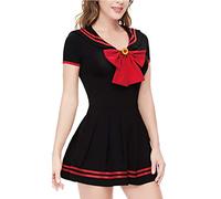 CutiePlusU Women Short Sleeve Bodysuit Pleated Skirt 2-Piece Set Red XL