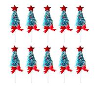 CutitiUU 10 PCS Christmas Tree Cake Topper,Red Ribbon Christmas Tree,Christmas Cupcake Toppers,New Year Party Decoration,Christmas Cake Toppers,Yule Log Decorations,Plastic Cake Topper,Blue