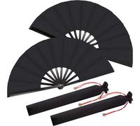 CutitiUU 2 Packs Large Folding Hand Silk Fans,Large Folding Silk Hand Fan Hand Folding Fans,Solid Colour Kung Fu Fan Ancient Style Cloth Folding Fan,Chinese Handheld Tai Ji Fan (Black)
