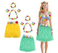 CutitiUU 5 Pack Hawaiian Grass Skirt for Girls,Hawaiian Hula Grass Skirt Set,Hawaiian Party Decorations,Hawaiian Themed Garland Necklace Bracelets Headband,for Cheerleading,Parties (Yellow + Green)