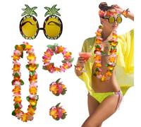 CutitiUU 5 PCS Hawaiian Fancy Dress Set,Hawaiian Leis Garland Pineapple Sunglasses Necklace Headband Wristbands,Hawaiian Fancy Dress Necklace Headbands And Wristbands,Party Beach Dance