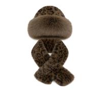 CutitiUU Mongolian Plush Hat Scarf Set,Leopard Print Scarf,Imitation Mink Fur,Women's Winter Leopard Print Faux Fur Bucket Hat,Warm Plush Fluffy Furry Mink Hats,Cozy & Stylish Faux Fur (L, Brown Set)