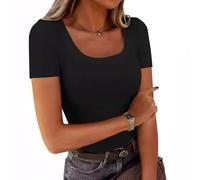 CutitiUU Polyester Threaded Long Short Sleeve Square Neck Women's T-Shirt,Europe and The United States Explosion Models Threaded Sexy Slim Long Section Short-Sleeved,U Neck Crop Top,Basic (M,Black)