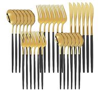 Cutlery Black Gold Set, Tableware Silverware Set, 30 Piece Stainless Steel Silverware Set, Black Handle Knife Fork Spoon Set for 6 People, Elegant Life Dinner Set, Durable and Dishwasher Safe