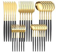 Cutlery Black Gold Set, Tableware Silverware Set, 30 Piece Stainless Steel Silverware Set, Black Handle Knife Fork Spoon Set for 6 People, Elegant Life Dinner Set, Durable and Dishwasher Safe