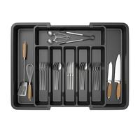 Cutlery Drawer Organiser, 33-57CM Expandable Utensil Tray for Kitchen with 8 Compartment Holders, Adjustable Silverware and Flatware Holder, Compact Plastic Storage Insert for Spoons Forks Knives