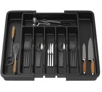 Cutlery Drawer Organiser, Adjustable Cutlery Tray,33-57CM Expandable Utensil Tray for Kitchen with 8 Compartment Holders, Flatware Holder, Compact Plastic Storage Insert for Spoons Forks Knives