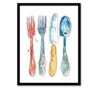 Cutlery Fork Knife Spoon Bright Happy Watercolour Framed Art Print Artery8 Grey A4