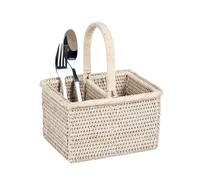 Cutlery Holder Caddy Two Compartment Utensil Pot Condiment Holder with Carrying Handle Kitchen Worktop Dining Table Accessories Storage Rattan Cutlery Tray (White)
