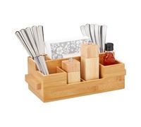 Relaxdays Cutlery Holder Bamboo, 7 Compartments, Table Caddy For Napkins, Sauces, Oil, Spices, HWD 11.5 x 35 x 15 cm
