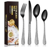 Cutlery Set, 24 PCS Stainless Steel Black Flatware Set Service for 6, Mirror Polished Tableware with Knives Forks Spoons Teaspoons, Dishwasher Safe/Easy Clean (Black Latticework)
