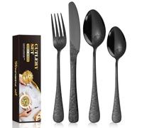 Cutlery Set, 24 PCS Stainless Steel Black Flatware Set Service for 6, Mirror Polished Tableware with Knives Forks Spoons Teaspoons with Flowers, Dishwasher Safe/Easy Clean