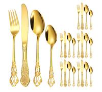 Cutlery Set, 24 PCS Stainless Steel Golden Flatware Set Service for 6, Mirror Polished Tableware with Knives Forks Spoons Teaspoons with Crown Shaped Handle, Dishwasher Safe/Easy Clean