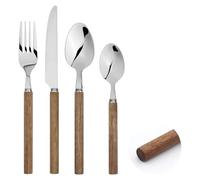 Cutlery Set 24-Piece Stainless Steel Fork Spoon Set Acacia Wood Handle Bar (24)
