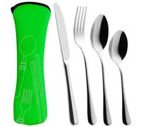 Cutlery Set-4 Pcs Travel Cutlery Set with Portable Pouch Case,Stainless Steel Knife and Fork Flatware Set Camping Utensil Set for Outdoor Travel Picnic Office School Lunch Box (Green)