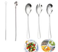 Cutlery Set, 4-Piece Stainless Steel Cutlery Set, Salad Servers,Serving Spoon and Fork Set,Slotted Spoon，Reusable Straw and Special Cleaning Brushes,for Home and Restaurant, Silver,Dishwasher Safe