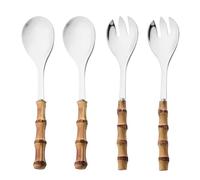 Cutlery Set 4Pcs Long Handle Salad Spoon Fork Serving Spork Bamboo Wooden Handle Stainless Steel Tableware Silver
