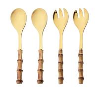 Cutlery Set 4Pcs Long Handle Salad Spoon Fork Serving Spork Bamboo Wooden Handle Stainless Steel Tableware Gold