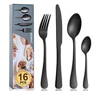 Cutlery Set, BEWOS 16 Piece Matt Black Stainless Steel Flatware Set, Silverware Tableware Set with Spoon Knife and Fork Set, Service for 4, Easy Clean/Dishwasher Safe