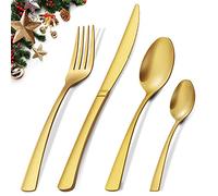 Cutlery Set, BEWOS 16-Piece Matt Gold Stainless Steel Flatware Set, Tableware Silverware Set with Spoon Knife and Fork Set, Service for 4, Dishwasher Safe/Easy Clean