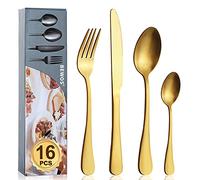 Cutlery Set, BEWOS 16-Piece Stainless Steel Matt Gold Flatware Set, Tableware Silverware Set with Spoon Knife and Fork Set, Service for 4, Dishwasher Safe/Easy Clean
