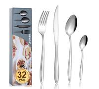 Cutlery Set, BEWOS 32 Pcs Stainless Steel Flatware Set, Tableware with Patterned Handle, Silverware Set with Spoon, Serrated Dinner Knife and Fork Set, Service for 8, Dishwasher Safe, Mirror Polished