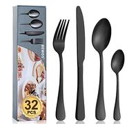 Cutlery Set, BEWOS 32 Piece Stainless Steel Flatware Set, Tableware Silverware Set with Matt Black Spoon Knife and Fork Set, Service for 8, Dishwasher Safe/Easy Clean