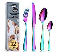 Cutlery Set, BEWOS 32-Piece Stainless Steel Flatware Set, Tableware Silverware Set with Rainbow Spoon Knife and Fork Set, Service for 8, Dishwasher Safe/Easy Clean, Mirror Polished