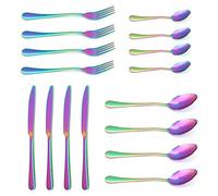 Cutlery Set EVERGD Stainless Steel Tableware Set Colorful Romantic Dinner Dinnerware Set Rainbow Flatware Set Dishwasher Safe (16)