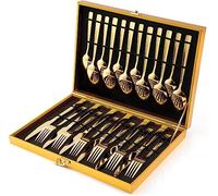 Cutlery Set, OGORI 24 Piece Stainless Steel Flatware Set, Gold Forged Tableware Silverware Set with Square Handle, Spoon Knife and Fork Set Service of 6