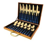 Cutlery Set Stainless Steel 24Pcs Dinnerware Knife Fork Coffee Spoon Dinner Flatware Gift Box Set Blue Gold