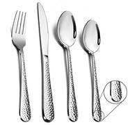Cutlery Set, Stainless Steel 32 Piece Flatware Set for 8, Hammered Design Silverware Set for Big Family/Camping/Picnic, Eating Utensils with Knife Fork Spoon, Mirror Polish & Dishwasher Safe