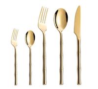 Cutlery Sets Bamboo Handle 304 Stainless Steel Cutlery Set Western Knife,Fork and Spoon Steak Knife,Fork and Spoon Golden 5Pcs