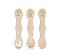 Cutties and Giggles Silicone Baby Utensils - 3-Piece Set for Self-Feeding | Soft Teething-Friendly Spoons & Forks | First-Stage Infant Essentials (Beige)