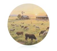 Cutting Board Cowboy Ranch Scenery Printed Cheese Delicatessen Cutting Board Round Tempered Glass Suitable for Kitchen Table Centerpiece